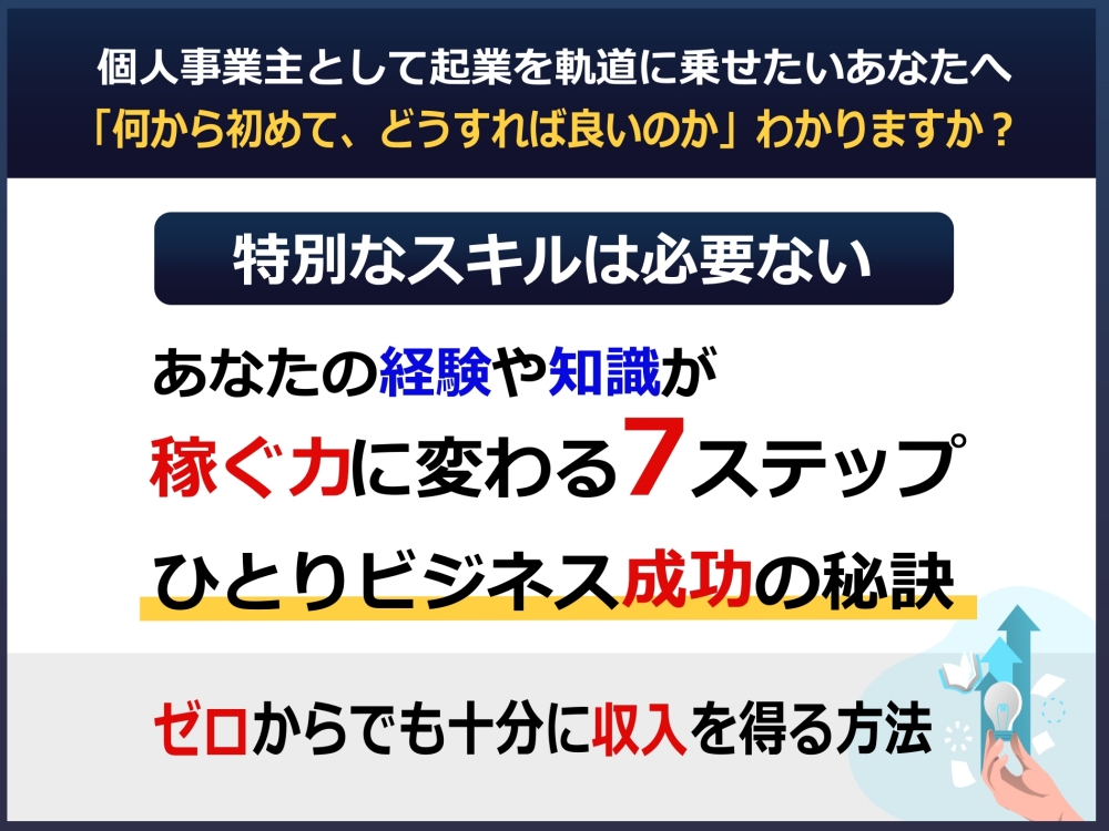 これから一人でビジネスを始めたい人や個人事業主として活躍したい人が、稼ぐ力を身につけるために欠かせない「7つのステップ」をわかりやすくお伝えします。